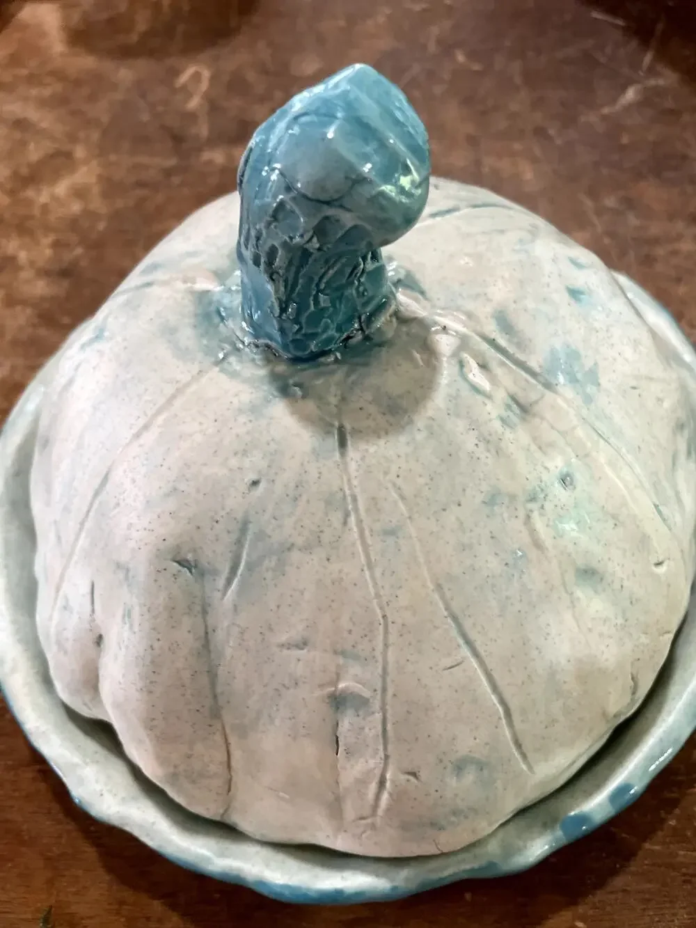 Handmade Studio Pottery Pumpkin Lidded Dish Turquoise Blue White Signed